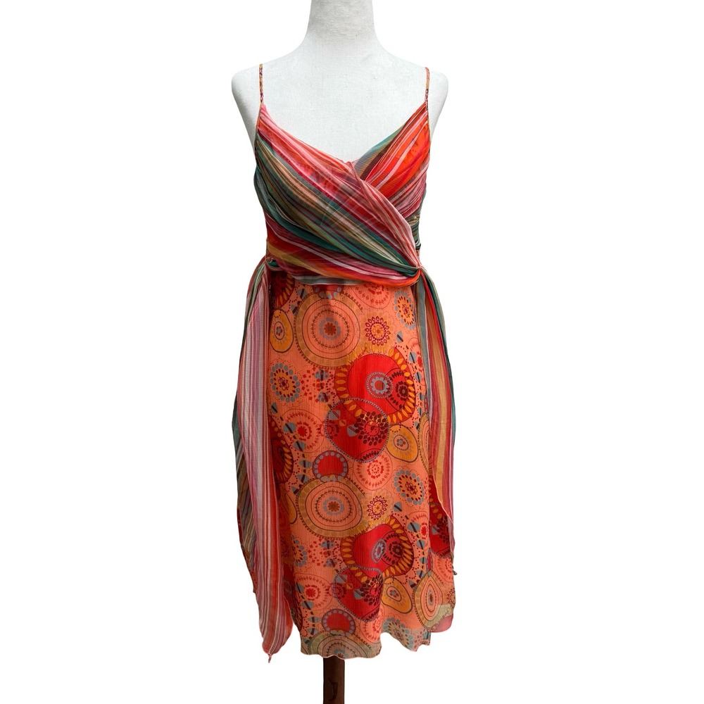 Anna Paul Vintage Y2K Silk Boho Geometric Stripe Wrap Flowy Resort Midi Dress XS
